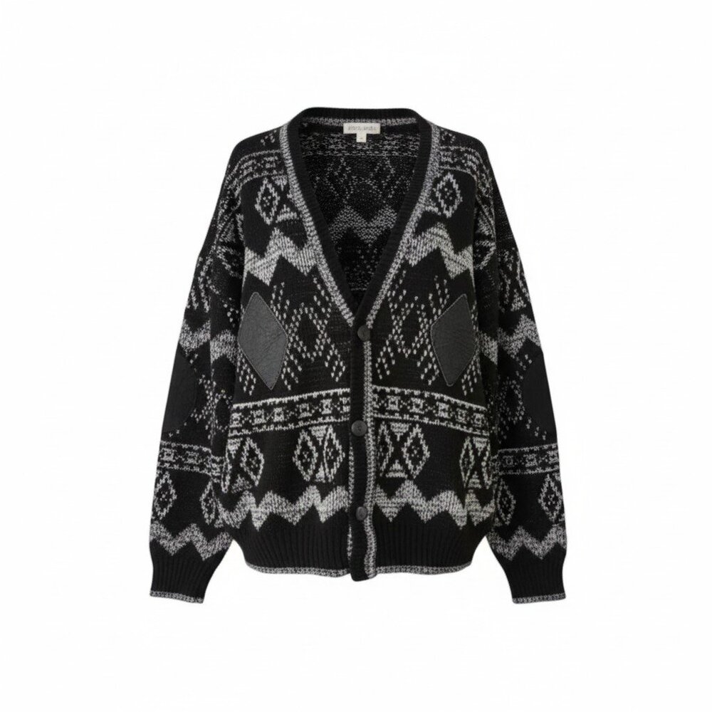Vintage Chartwell Black & Gray Patterned Cardigan 2X Acrylic Leather Trim